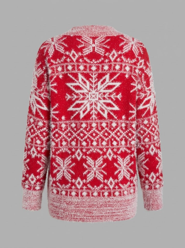 Women's Snowflake Crew Neck Winter Sweater with Ribbed Edges