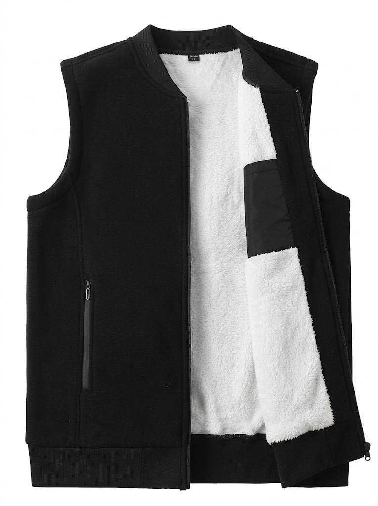 Men's Sleeveless Fleece-Lined Layering Vest With Ribbed Hem - Black