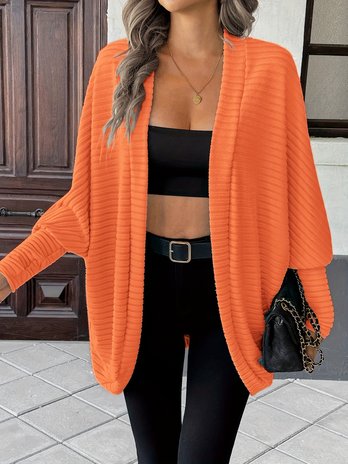 Women's Buttonless Ribbed Drape Cardigan
