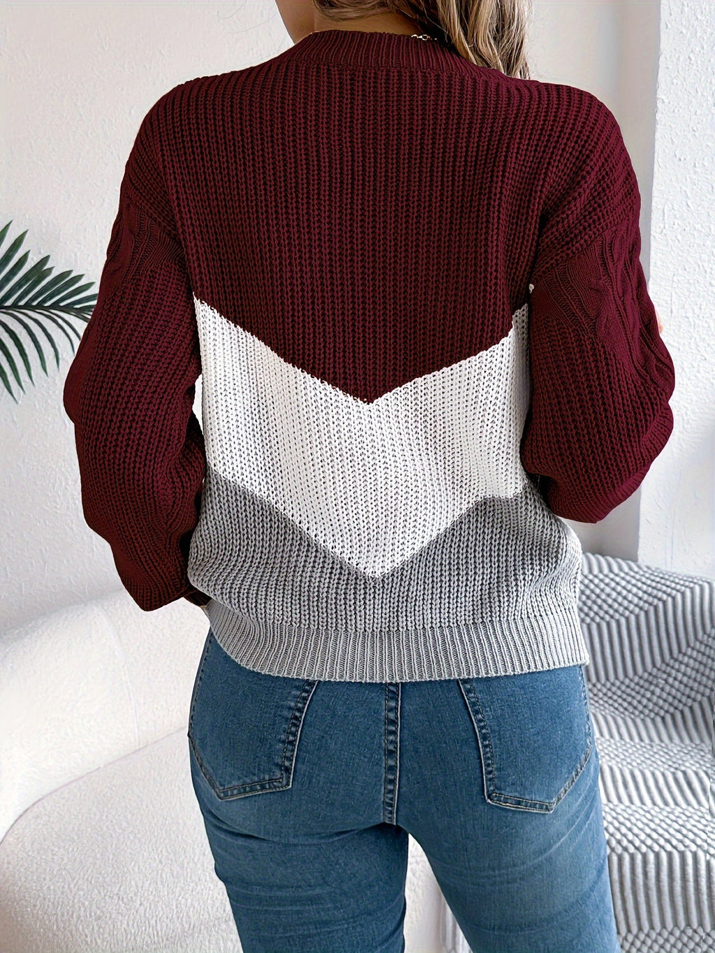 Women's Soft Knit Two-Tone Crew Sweater with Gentle Stretch