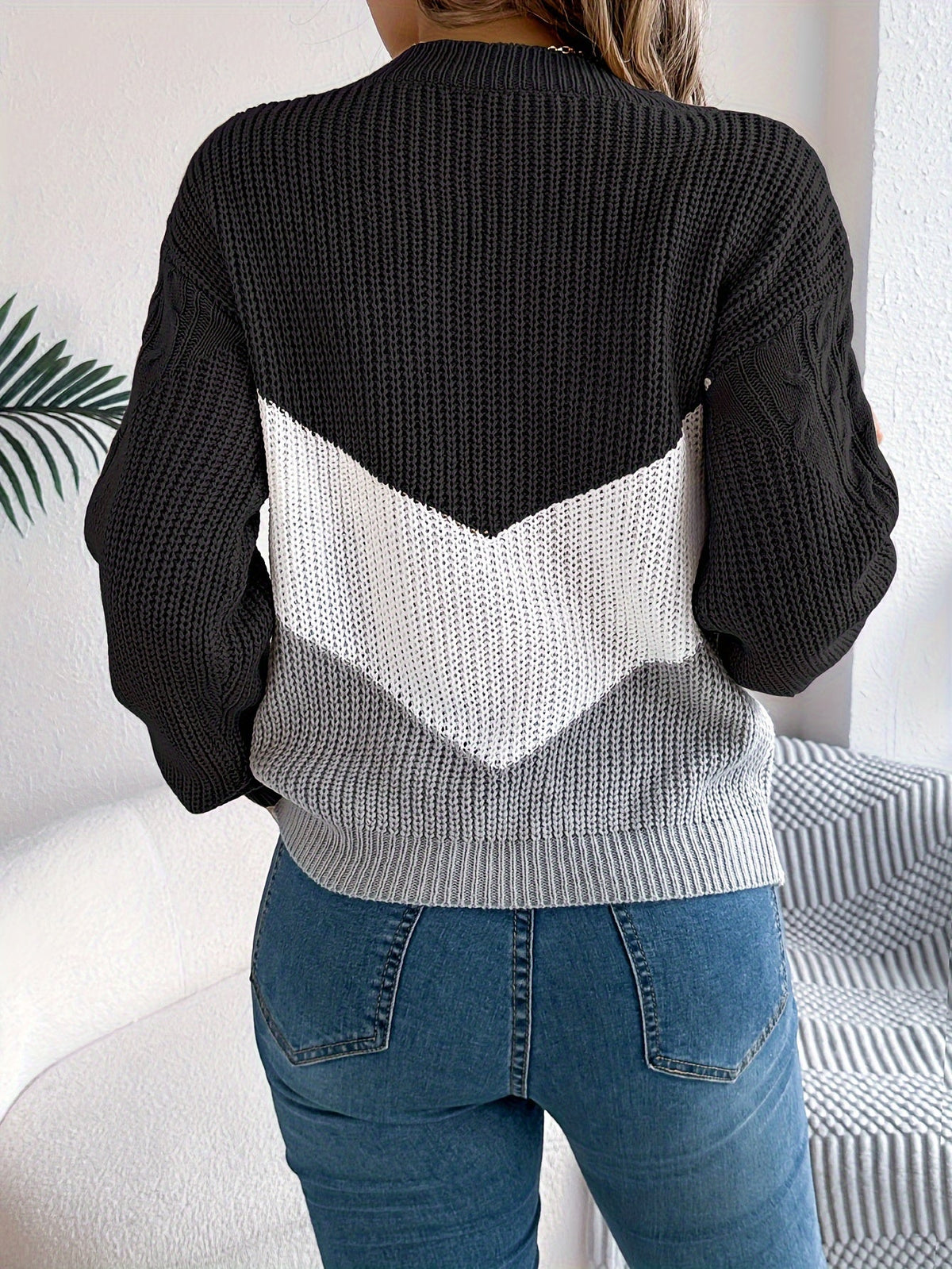 Women's Soft Knit Two-Tone Crew Sweater with Gentle Stretch