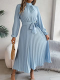 Women's Pleated Midi Dress with High Neck Tie