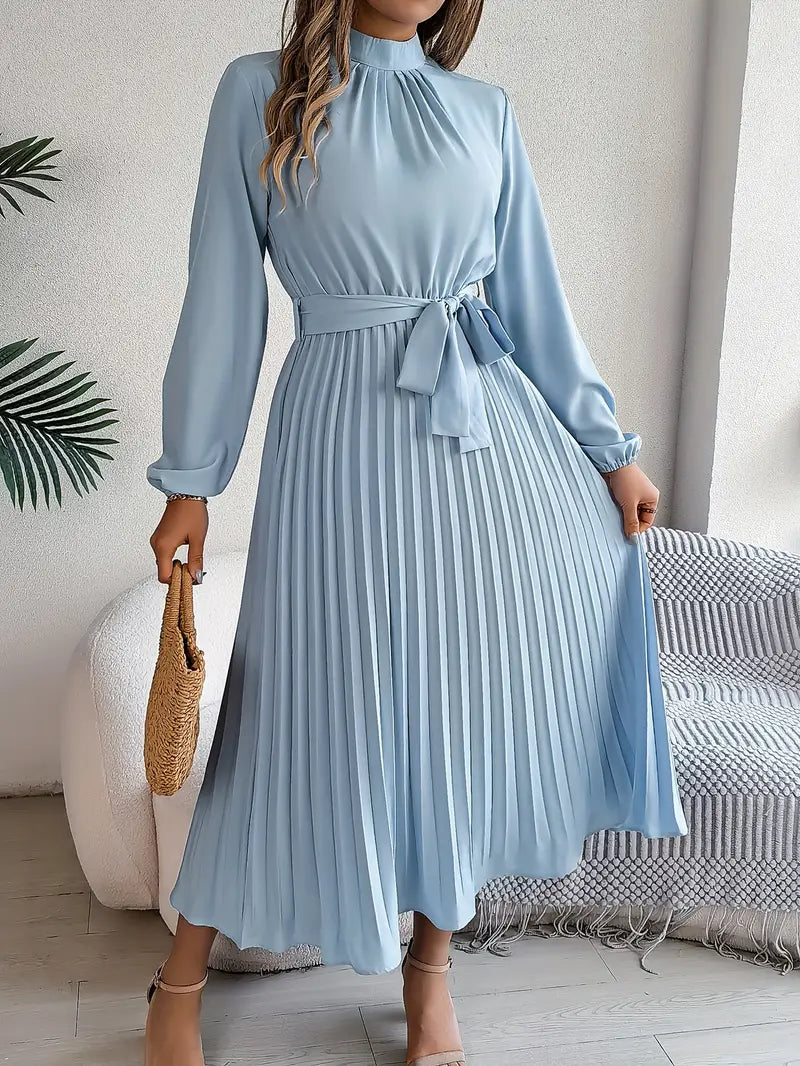 Women's Pleated Midi Dress with High Neck Tie