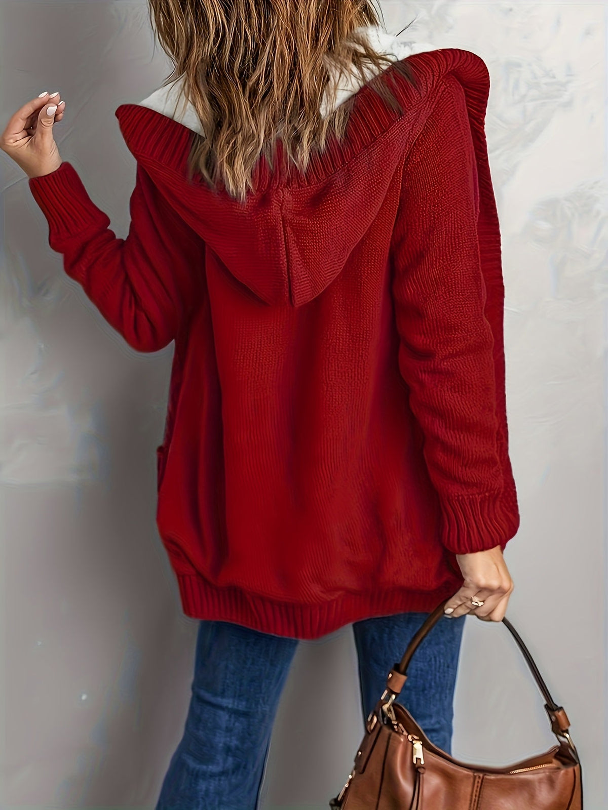 Women's Fleece-Lined Button-Up Hooded Knit Cardigan