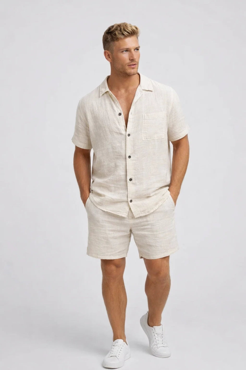 Men's Short Sleeve Linen Shirt and Shorts Summer Set