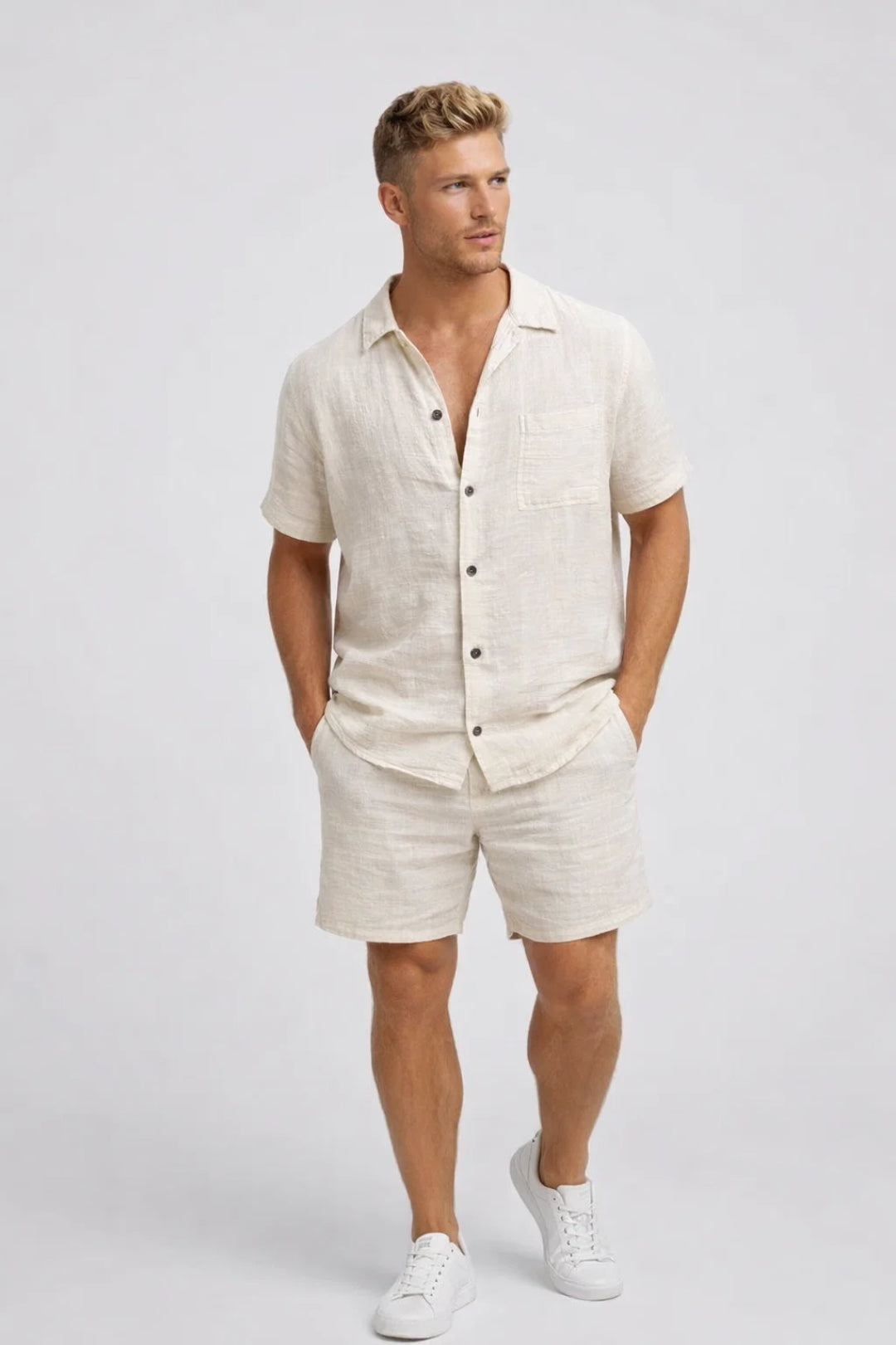 Men's Short Sleeve Linen Shirt and Shorts Summer Set