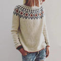 Women's Slightly Oversized Patterned Yoke Crew Sweater - Khaki