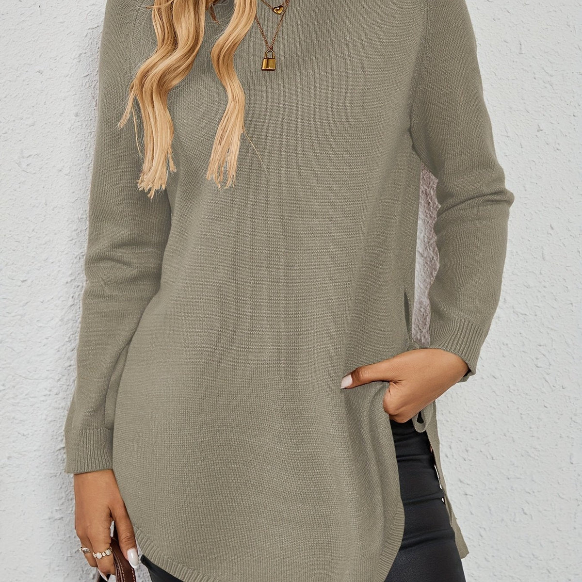 Women's Split-Side Tunic Length Pullover Sweater - Gray
