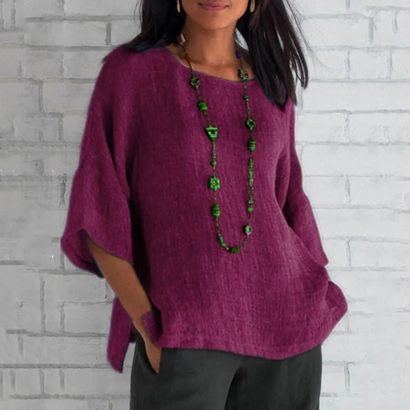 Women's Relaxed-Fit V-Neck 3/4 Sleeve Linen Tunic