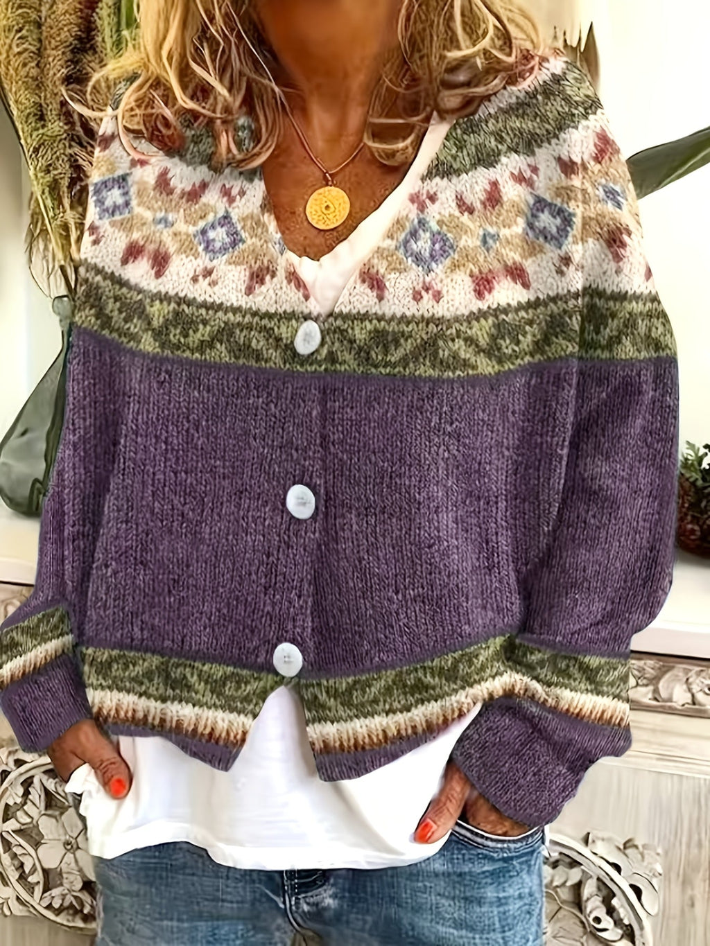 Women's Button-Up Cardigan with Retro Geometric Yoke