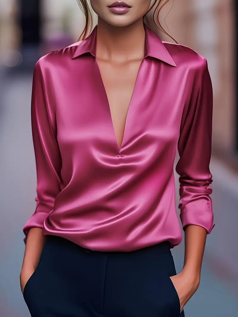 Women's Satin V-Neck Blouse Draped Collar Elegance