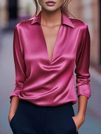 Women's Satin V-Neck Blouse Draped Collar Elegance