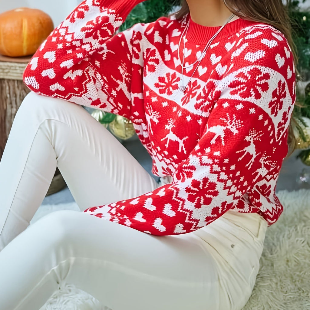 Women's Snowflake and Deer Knit Holiday Sweater - Red+white