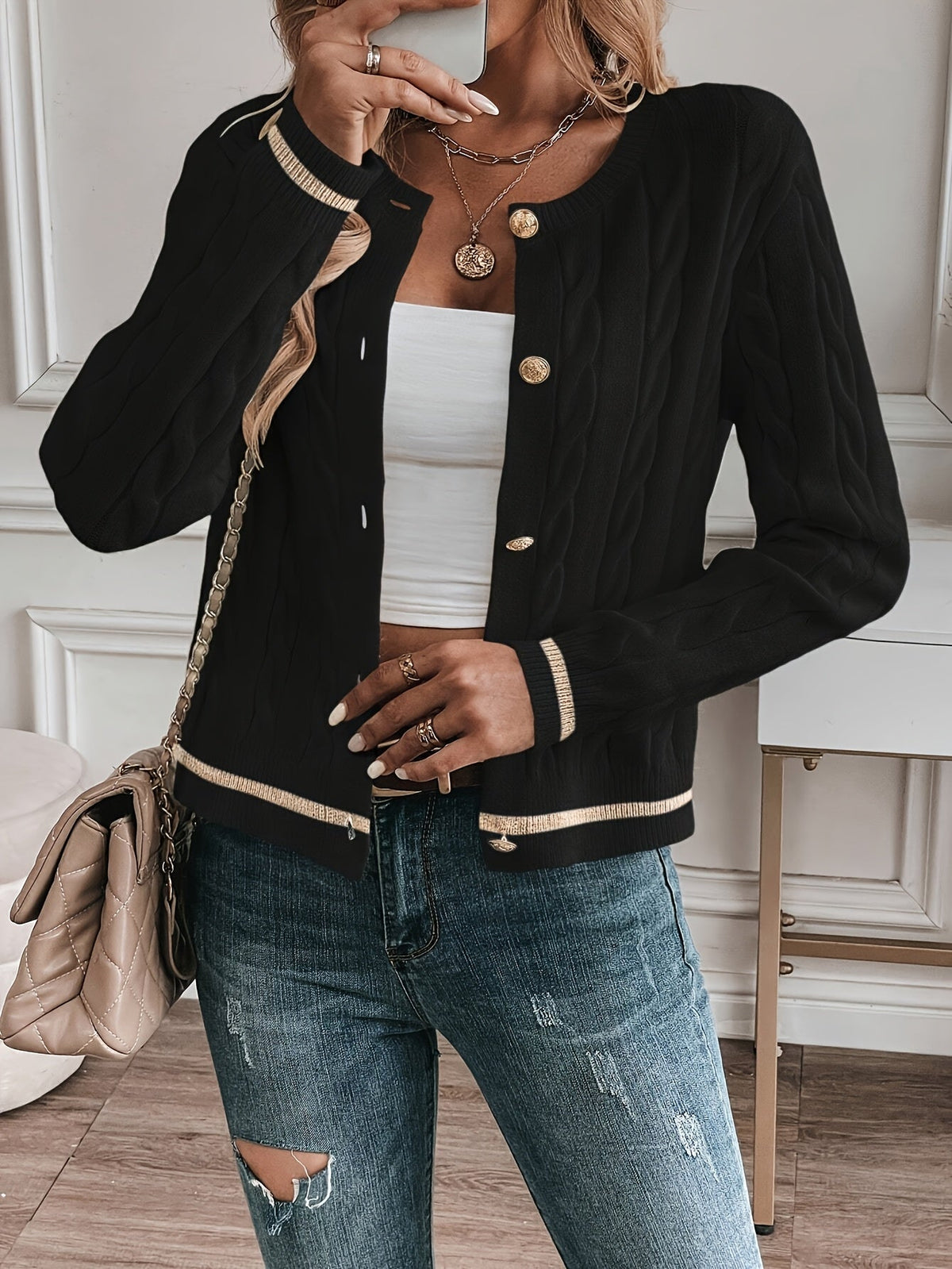 Women's Dressy Knit Cardigan with Gilded Buttons