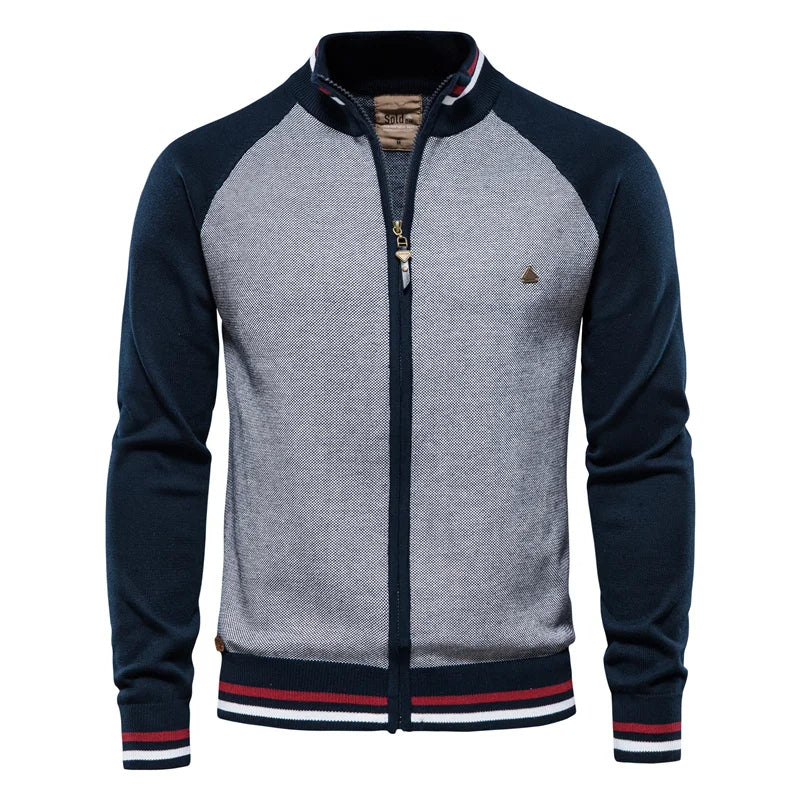Men's 100% Cotton Zip Up Cardigan Soft Stand Knit