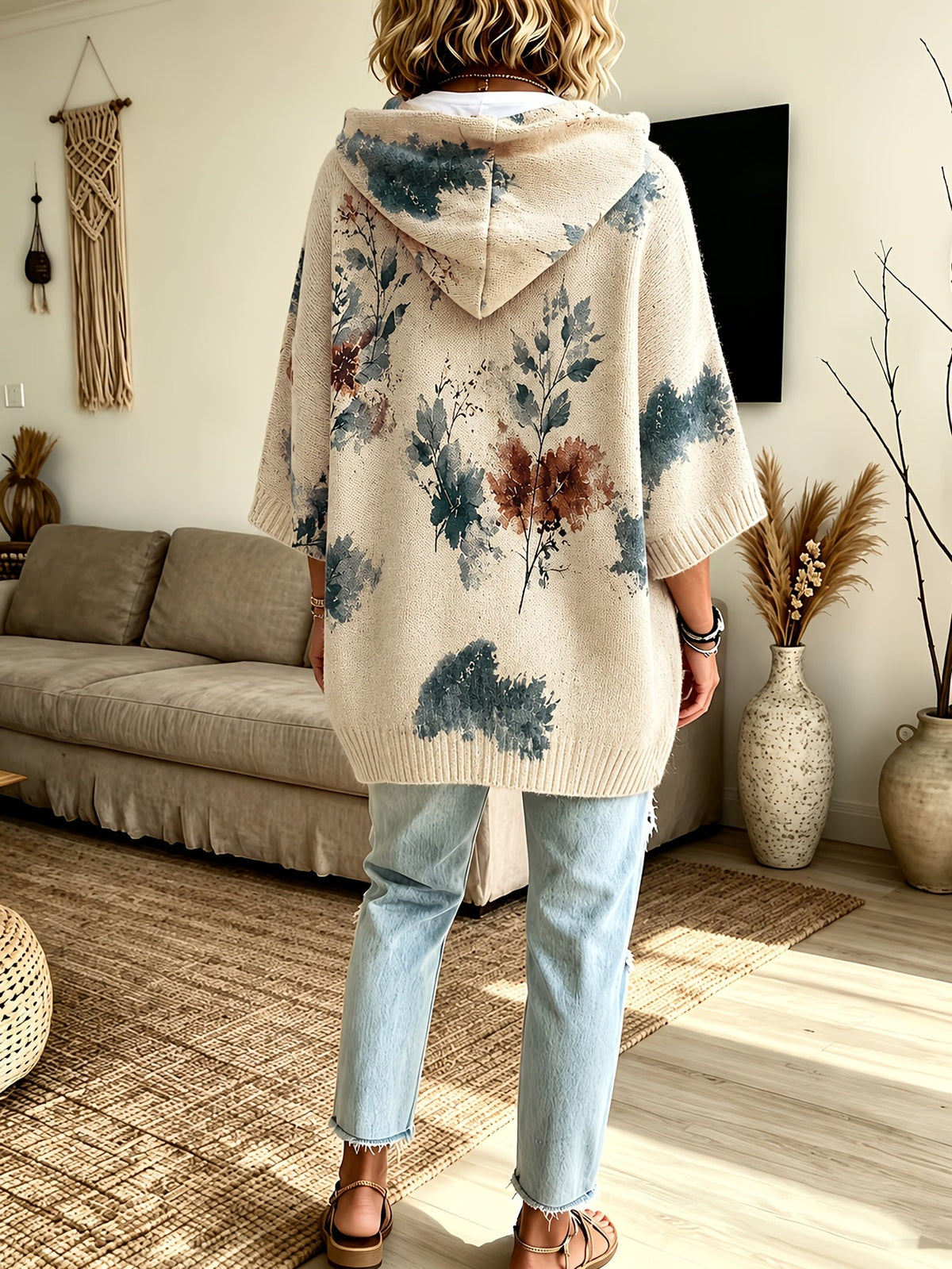 Women's Drawstring Hood Floral Knit Poncho Sweater