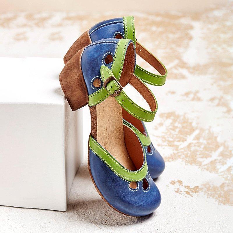 Women's Contrast-Panel Ankle Strap Flats with Cutout Details - Blue