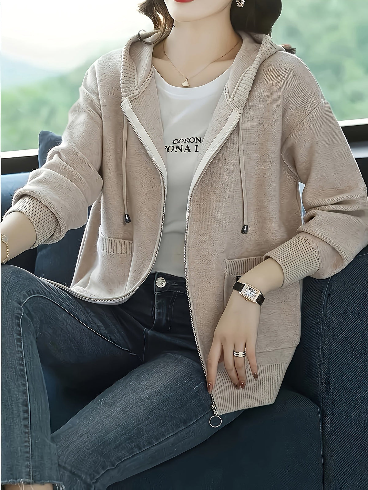 Women's Soft Knit Full-Zip Hoodie Cardigan with Pockets