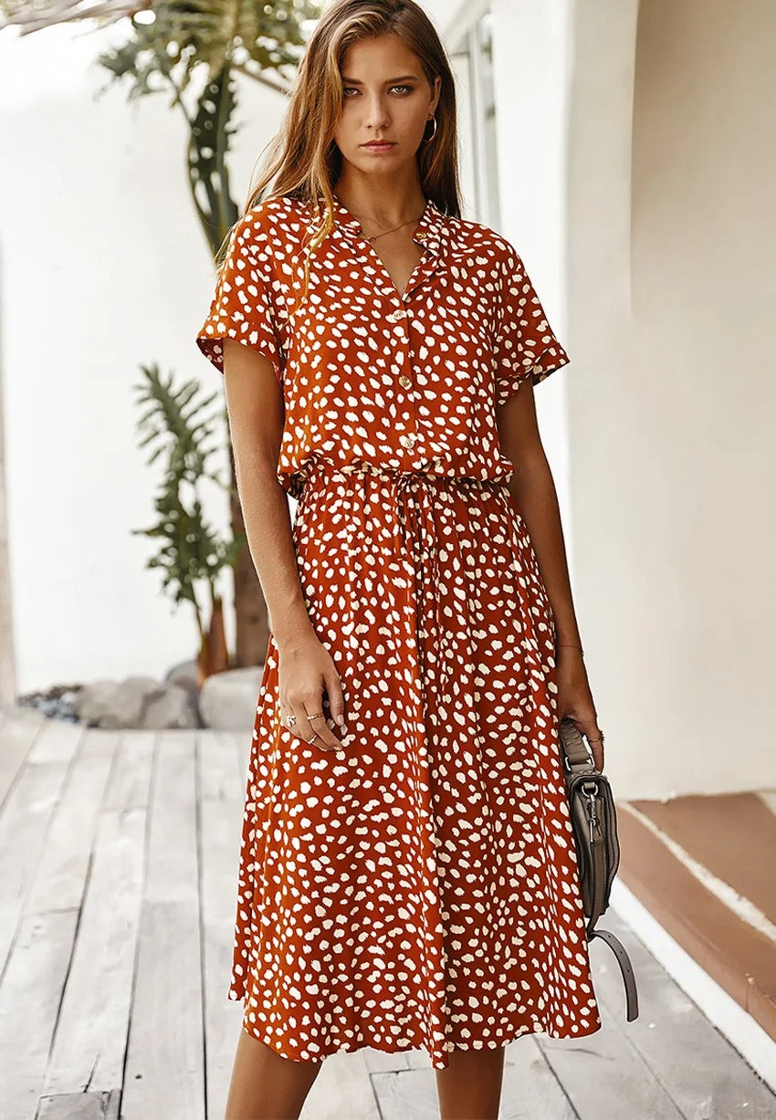 Women's Midi Summer Dress Adjustable Waist Lightweight Printed