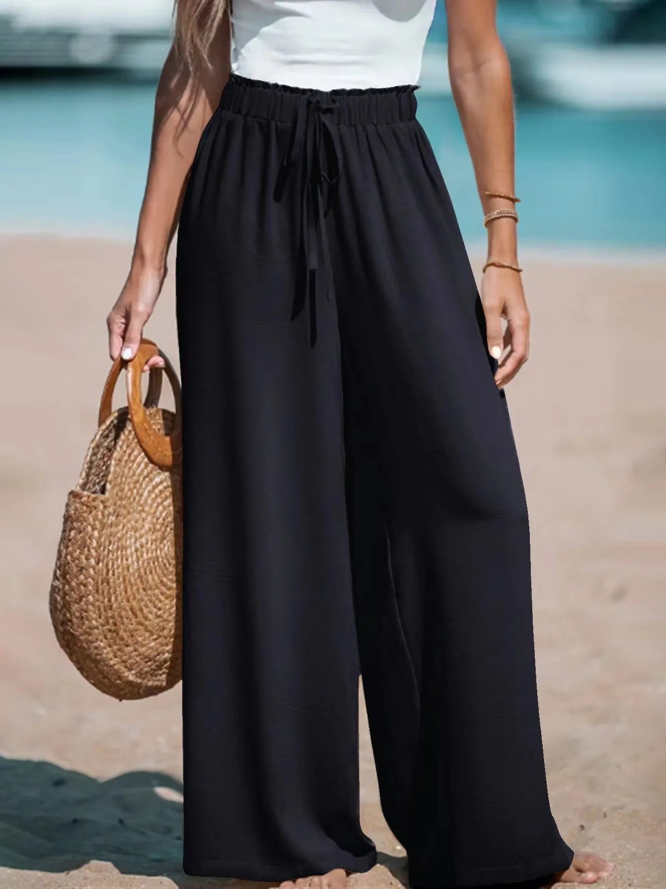 Women's Tie-Waist Palazzo Trousers – Wide-Leg Pants