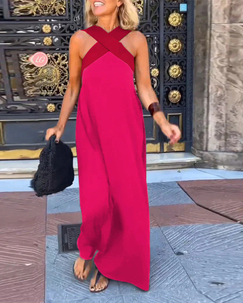 Women's Crossover Halter Maxi Dress With Flowing Silhouette