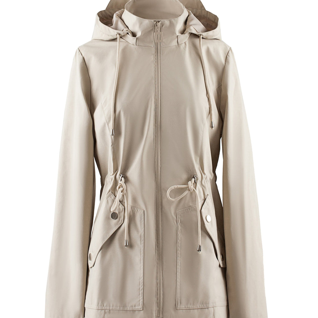 Women's Lightweight Hooded Spring Jacket with Drawstring Cinch Waist - Khaki