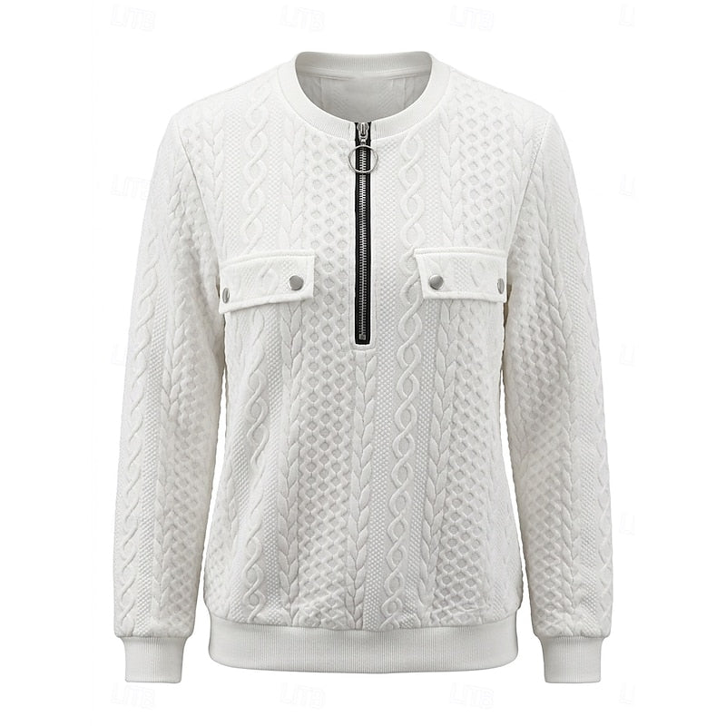 Women's Easy-Fit Cable Pullover with Quarter-Zip Neck - White