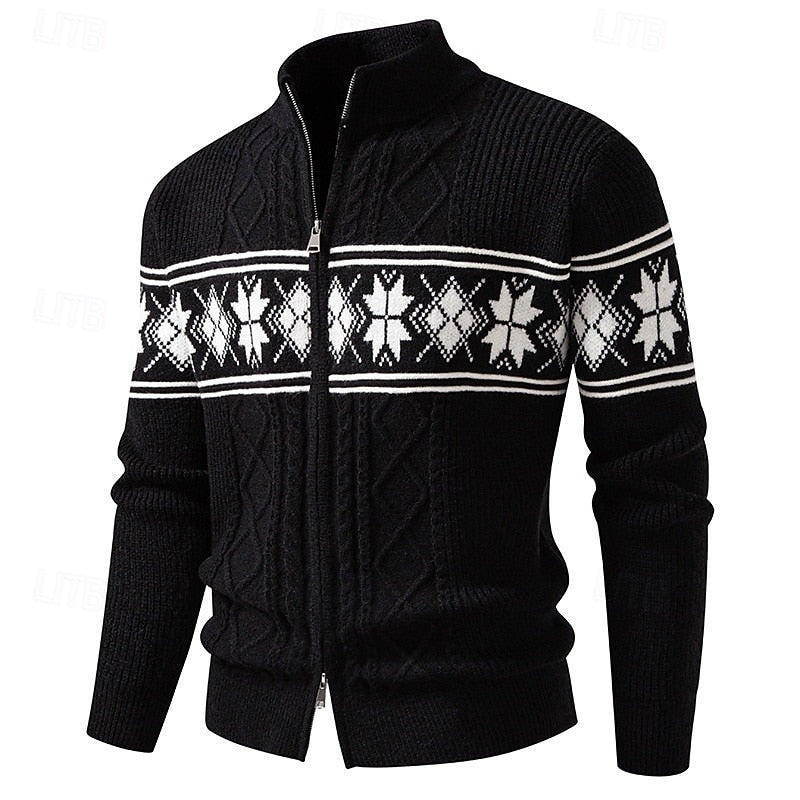 Women's Regular Fit Zip-Front Cardigan in Fair Isle Rib - Black