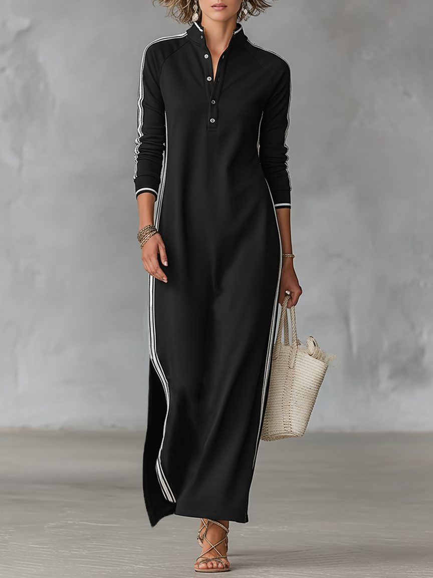 Women's Contrast Trim Collared Knit Maxi Dress - Black