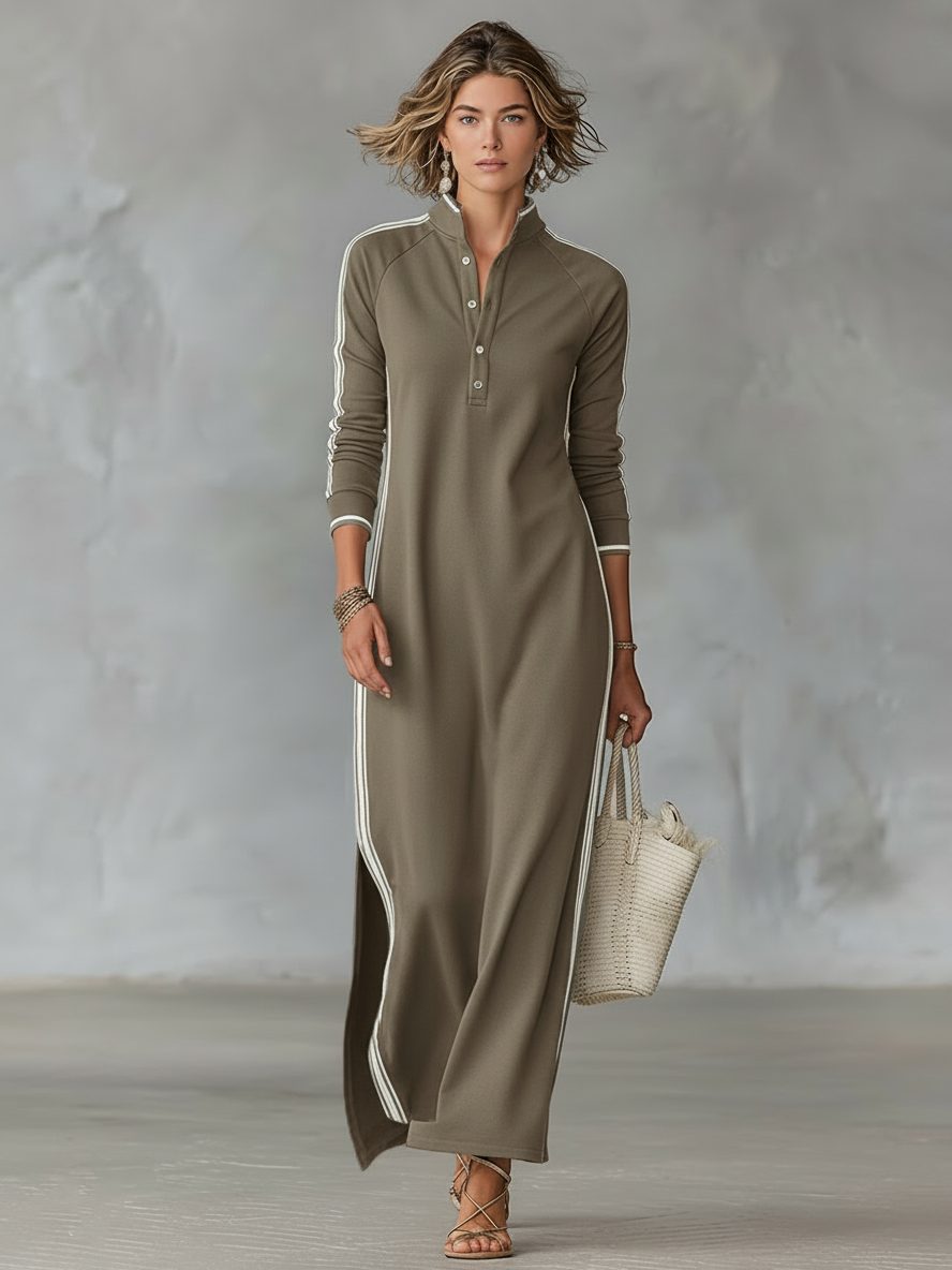 Women's Contrast Trim Collared Knit Maxi Dress - Khaki