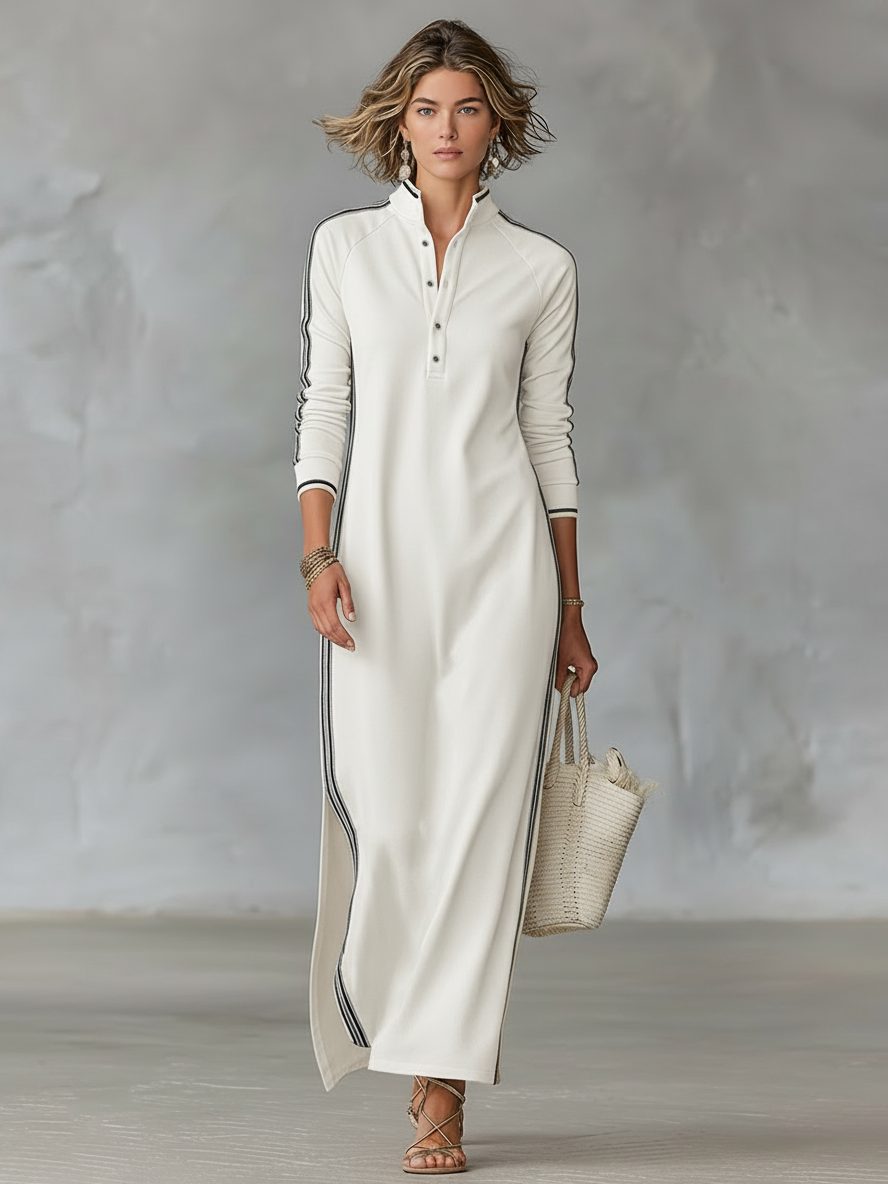 Women's Contrast Trim Collared Knit Maxi Dress - White