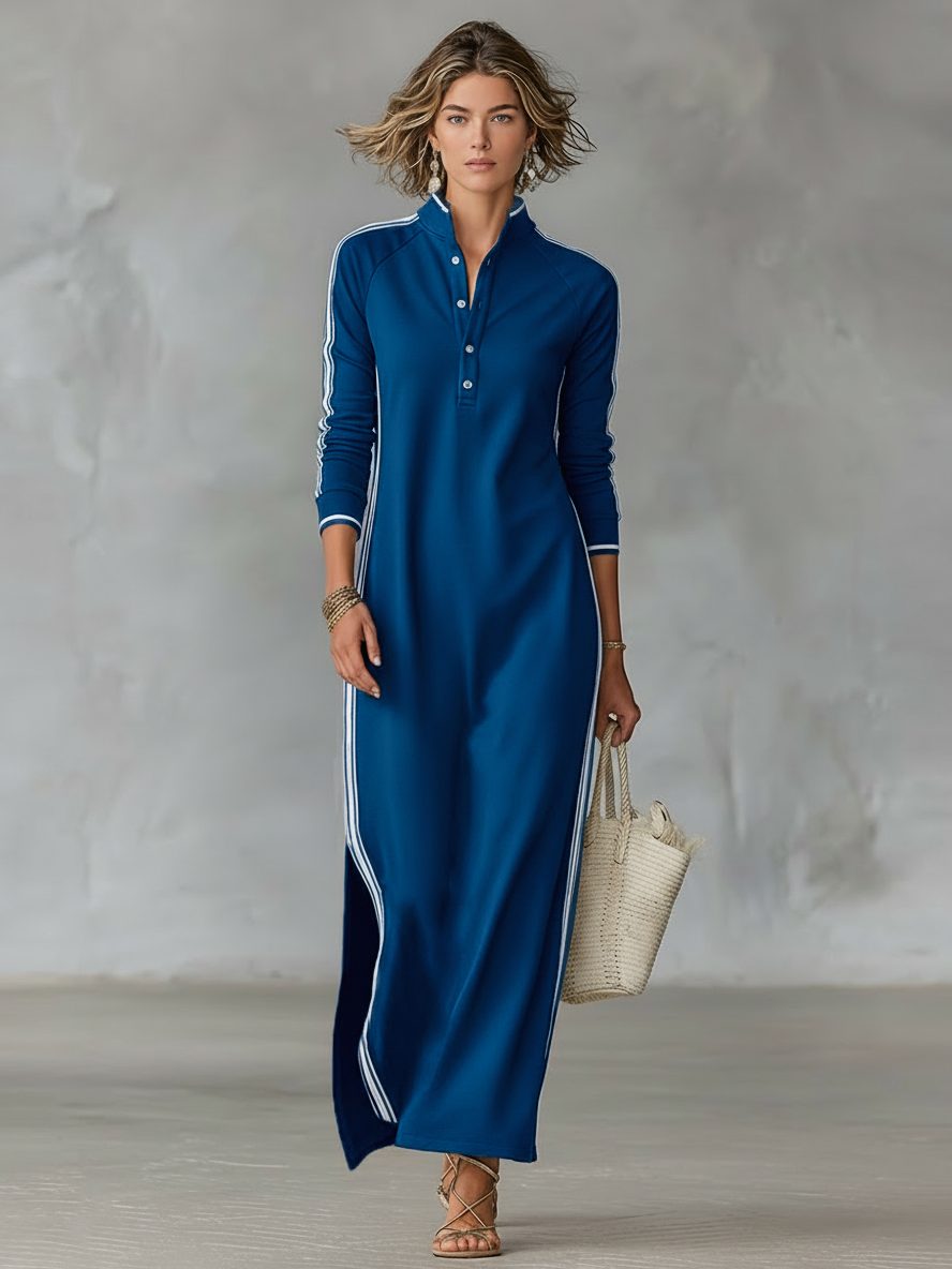 Women's Contrast Trim Collared Knit Maxi Dress - Royal Blue