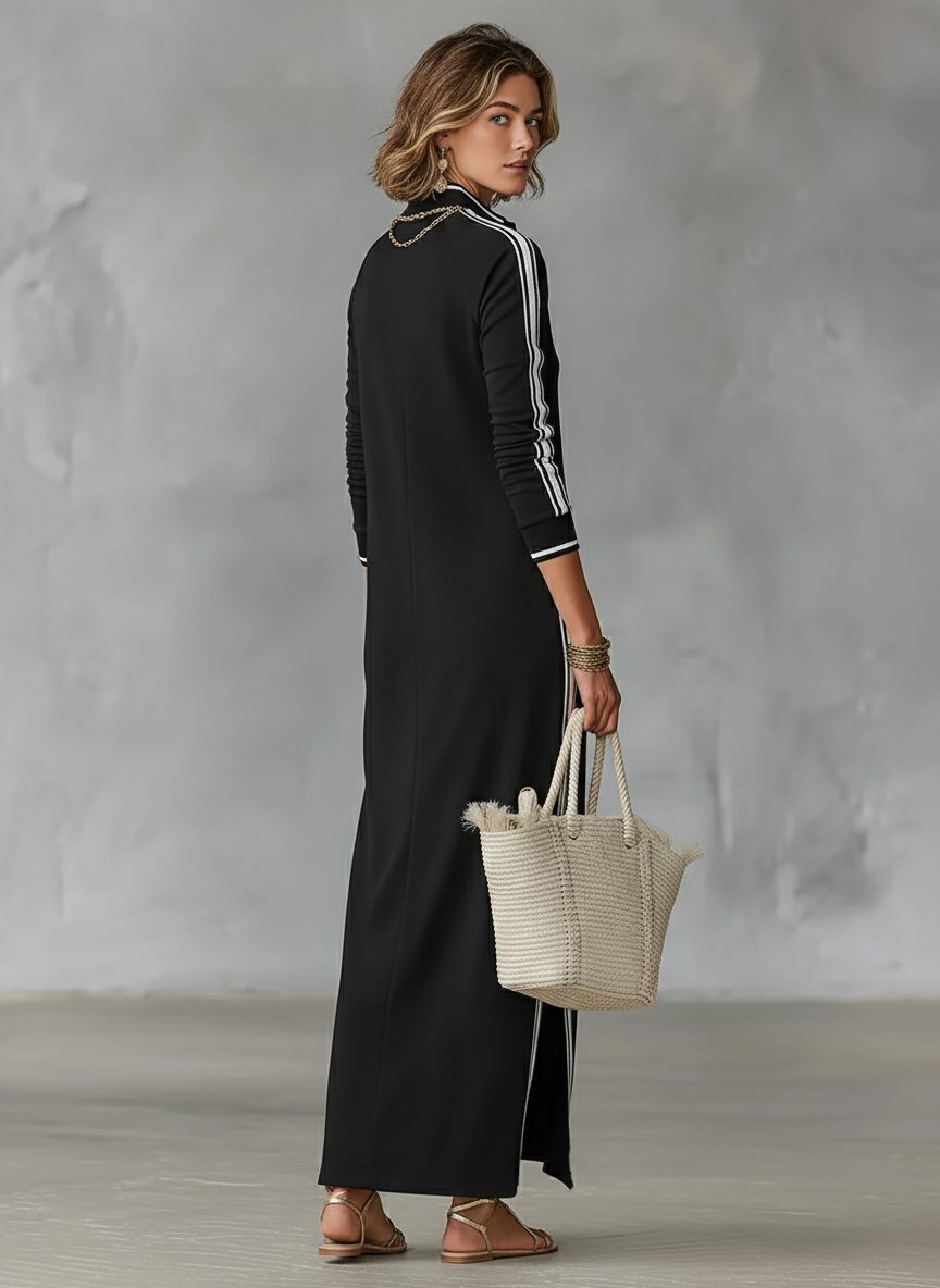 Women's Contrast Trim Collared Knit Maxi Dress