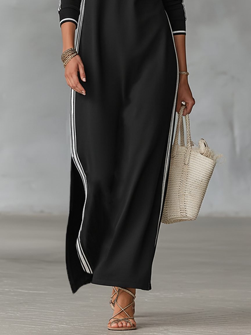 Women's Contrast Trim Collared Knit Maxi Dress