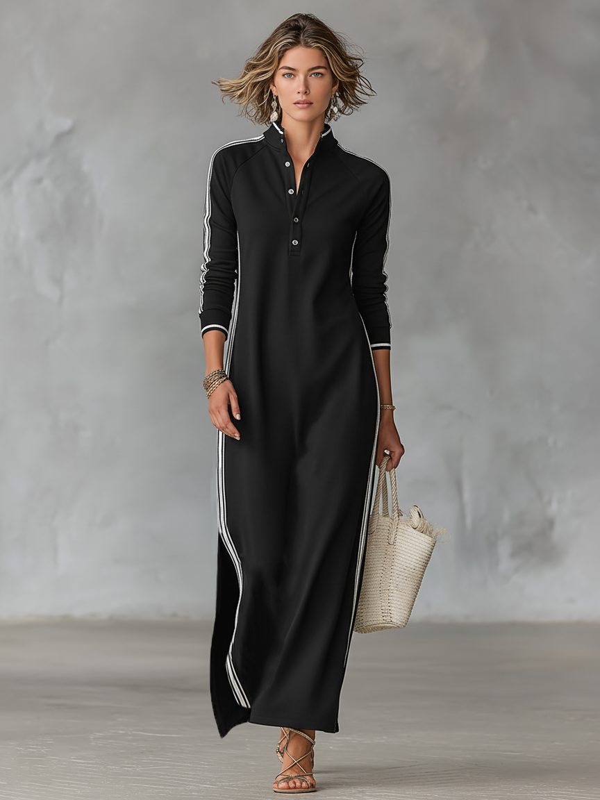 Women's Contrast Trim Collared Knit Maxi Dress