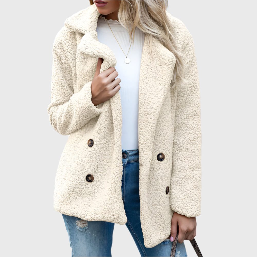Women's Fuzzy Sherpa Peacoat-Style Jacket with Notch Collar - White