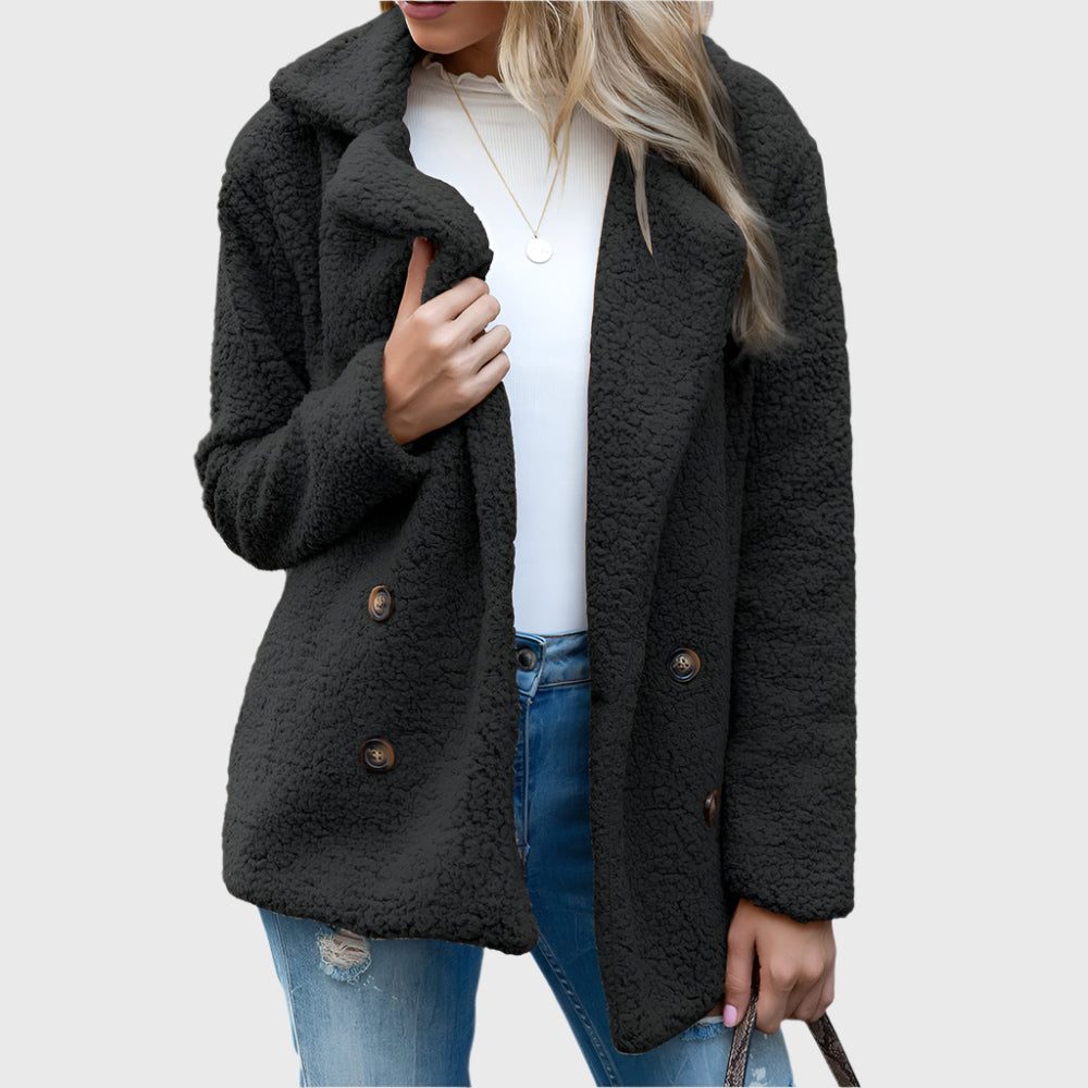 Women's Fuzzy Sherpa Peacoat-Style Jacket with Notch Collar - Black