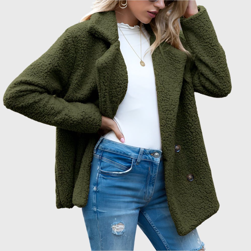 Women's Fuzzy Sherpa Peacoat-Style Jacket with Notch Collar - Green