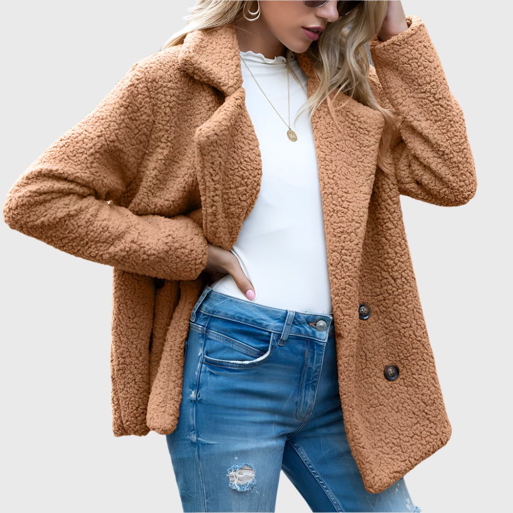 Women's Fuzzy Sherpa Peacoat-Style Jacket with Notch Collar - Khaki