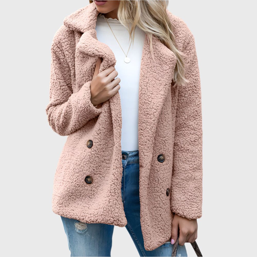 Women's Fuzzy Sherpa Peacoat-Style Jacket with Notch Collar - Pink
