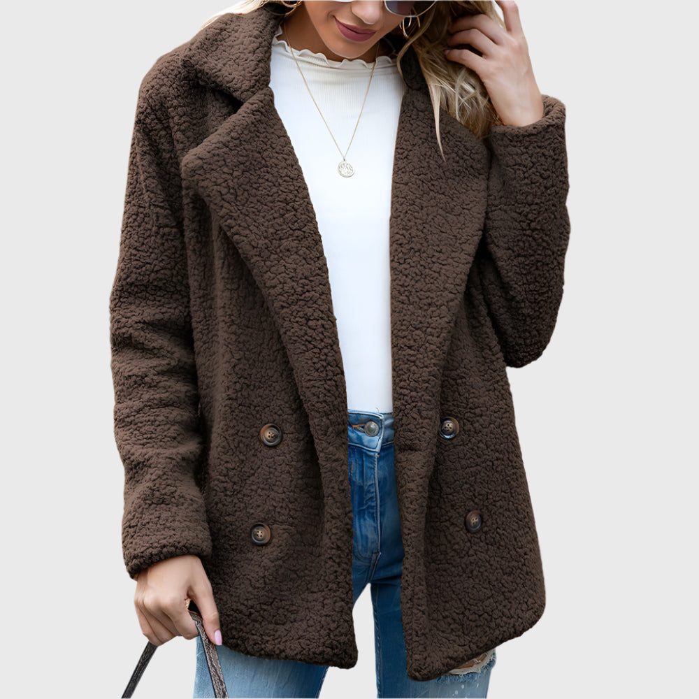 Women's Fuzzy Sherpa Peacoat-Style Jacket with Notch Collar - Brown