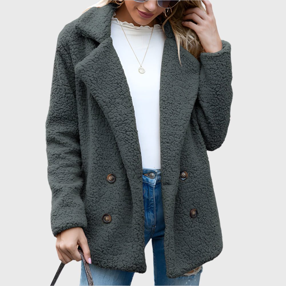 Women's Fuzzy Sherpa Peacoat-Style Jacket with Notch Collar - Gray