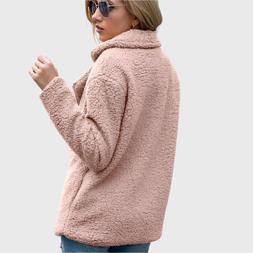 Women's Fuzzy Sherpa Peacoat-Style Jacket with Notch Collar