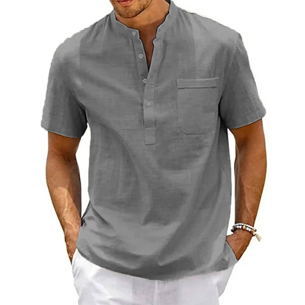 Men's Band Collar Short Sleeve Henley Shirt With Chest
