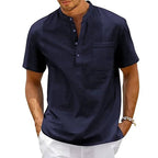Men's Band Collar Short Sleeve Henley Shirt With Chest