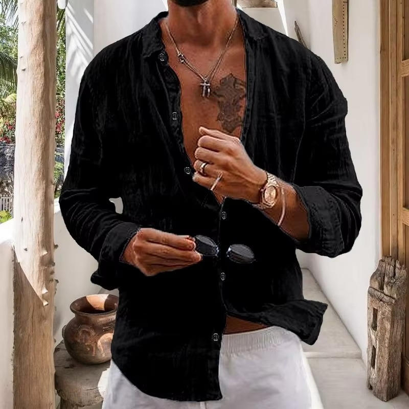 Men's Textured Button Front Long Sleeve Casual Shirt