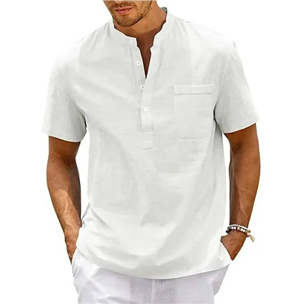 Men's Band Collar Short Sleeve Henley Shirt With Chest