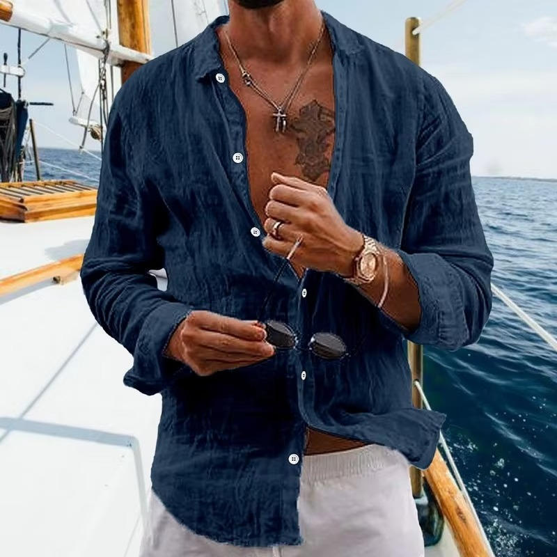Men's Textured Button Front Long Sleeve Casual Shirt