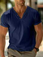 Men's Henley V Neck T Shirt Tailored Casual Summer