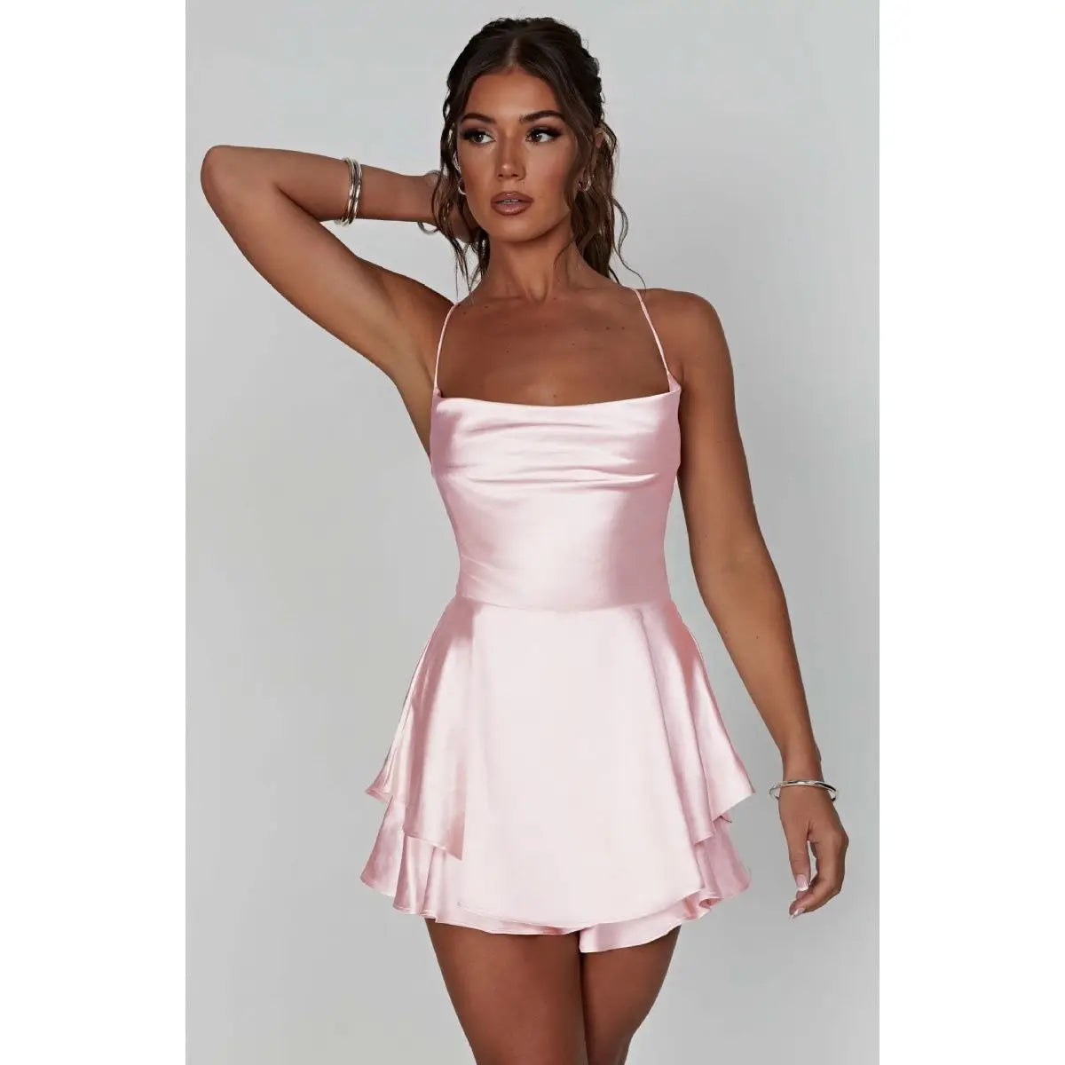 Women's Satin Open-Back Mini Cocktail Dress V-Neck Pleated Skater